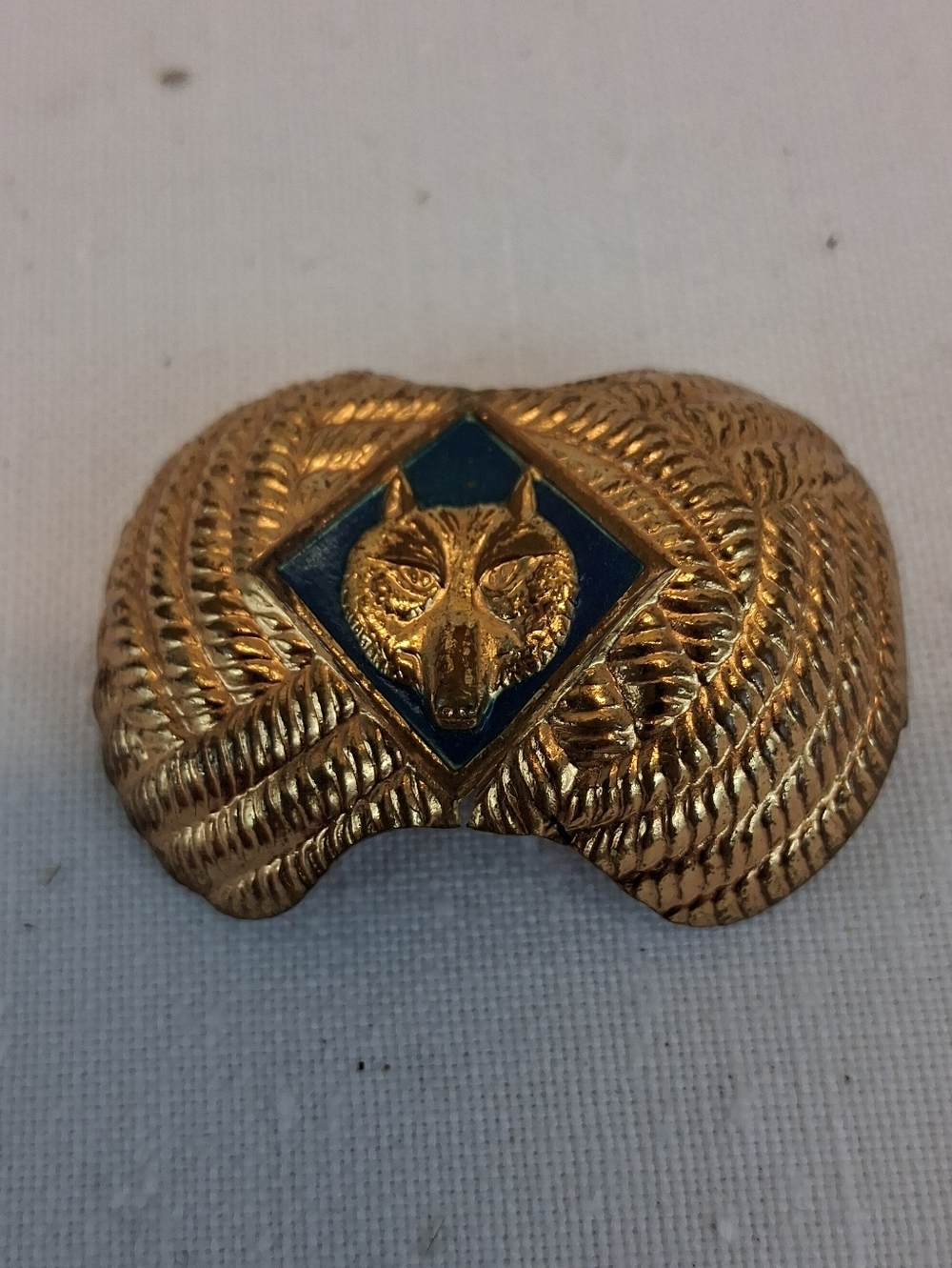 VTG Cub Scout Wolf Neckerchief Slide Gold Tone Blue Enamel BSA USA 1960-1980s